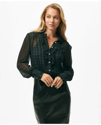 Brooks Brothers Ruffled Blouse In Black Watch Chiffon In Navy/green