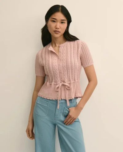 Brooks Brothers Short-sleeve Pointelle Peplum Cardigan Sweater In Light Pink