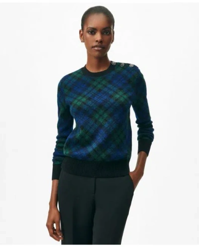 Brooks Brothers Shoulder-button Sweater In Bias-black-watch Alpaca-wool Blend In Navy/green