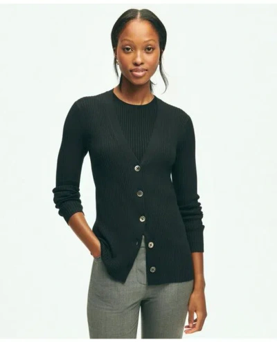 Brooks Brothers Silk Blend Ribbed V-neck Cardigan Sweater | Black | Size Large In Black