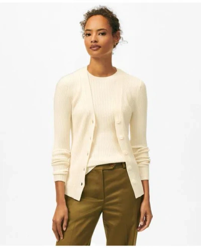 Brooks Brothers Twinset Silk Blend Ribbed V-neck Cardigan Sweater In White