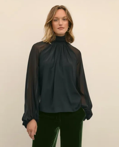 Brooks Brothers Silk Contrast-sleeve Blouse In Black
