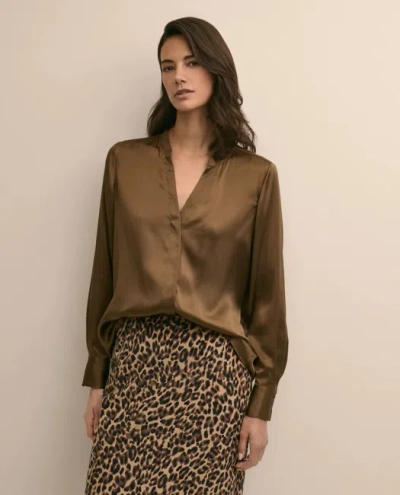 Brooks Brothers Silk Open V-neck Blouse In Brown
