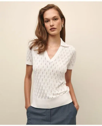 Brooks Brothers Silk Pointelle Johnny Collar Short-sleeve Polo Sweater In White