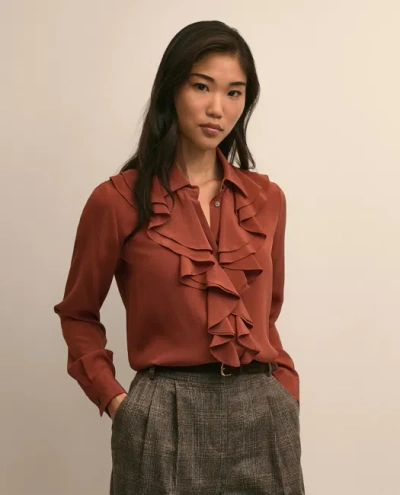 Brooks Brothers Silk Ruffle-front Blouse In Brown