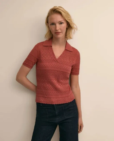 Brooks Brothers Silk-cotton Short-sleeve Johnny Collar Pointelle Sweater In Brown