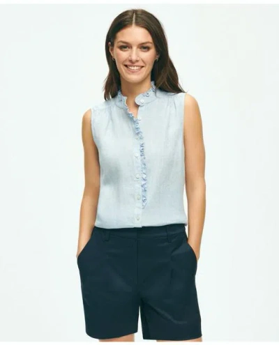 Brooks Brothers Sleeveless Ruffle Detail Shirt In Linen | Light Blue | Size 12