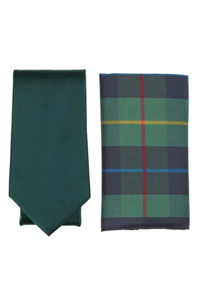 Brooks Brothers Solid Tie & Tartan Pocket Square Set In Green