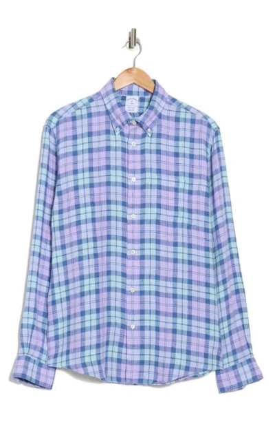 Brooks Brothers Sport Fit Novelty Plaid Linen Button-down Shirt In Turquoise Lavender