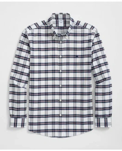 Brooks Brothers Stretch Cotton Non-iron Oxford Polo Button Down Collar, Bold Check Shirt In Navy
