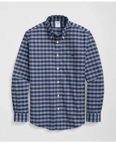 Brooks Brothers Stretch Cotton Non-iron Oxford Polo Button Down Collar Checked Shirt In Navy/purple