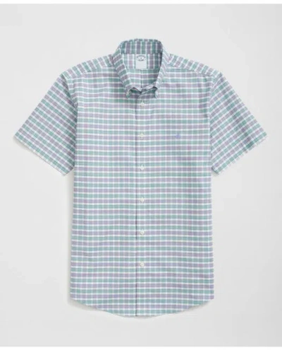 Brooks Brothers Stretch Cotton Non-iron Oxford Polo Button Down Collar, Checked Short-sleeve Shirt In Blue/green