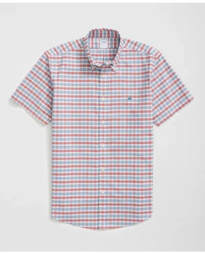 Brooks Brothers Stretch Cotton Non-iron Oxford Polo Button Down Collar, Checked Short-sleeve Shirt In Blue/orange