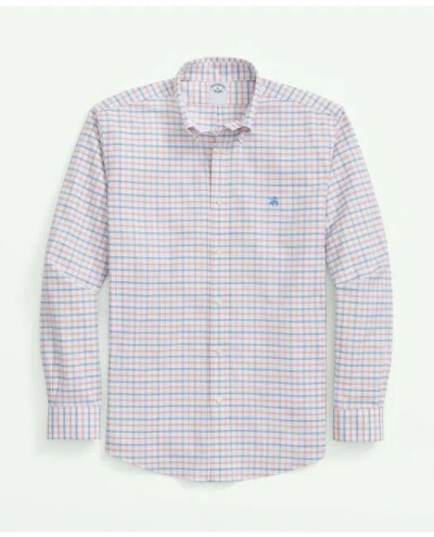 Brooks Brothers Stretch Cotton Non-iron Oxford Polo Button Down Collar, Double Windowpane Shirt In Orange