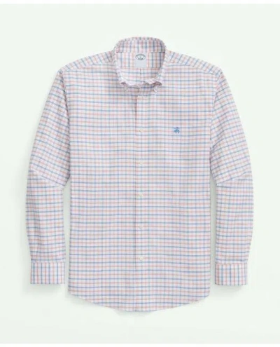 Brooks Brothers Stretch Cotton Non-iron Oxford Polo Button Down Collar, Double Windowpane Shirt | Orange | Size Xl In Neutral
