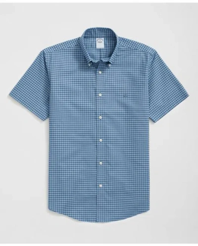 Brooks Brothers Stretch Cotton Non-iron Oxford Polo Button Down Collar, Gingham Short-sleeve Shirt In Blue