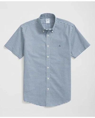 Brooks Brothers Stretch Cotton Non-iron Oxford Polo Button Down Collar, Gingham Short-sleeve Shirt In Navy