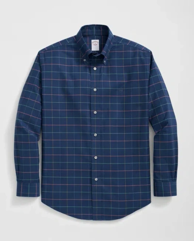Brooks Brothers Stretch Cotton Non-iron Oxford Polo Button Down Collar Multi Windowpane Shirt In Navy
