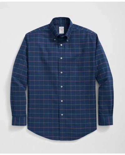 Brooks Brothers Stretch Cotton Non-iron Oxford Polo Button Down Collar Multi Windowpane Shirt In Navy