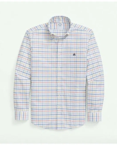 Brooks Brothers Stretch Cotton Non-iron Oxford Polo Button Down Collar, Multi Windowpane Shirt In Orange