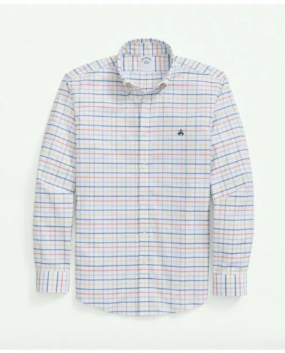 Brooks Brothers Stretch Cotton Non-iron Oxford Polo Button Down Collar, Multi Windowpane Shirt | Orange | Size Xl