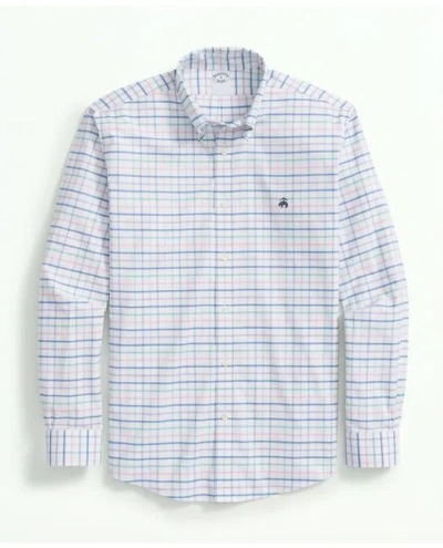 Brooks Brothers Stretch Cotton Non-iron Oxford Polo Button Down Collar, Multi Windowpane Shirt In Pink