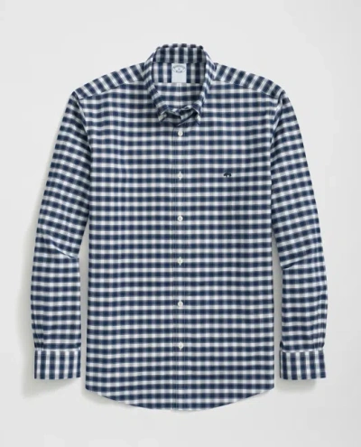 Brooks Brothers Stretch Cotton Non-iron Oxford Polo Button Down Collar, Outline Check Shirt In Navy