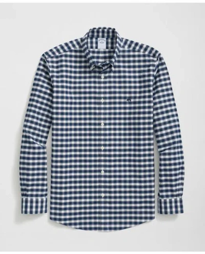 Brooks Brothers Stretch Cotton Non-iron Oxford Polo Button Down Collar, Outline Check Shirt In Navy