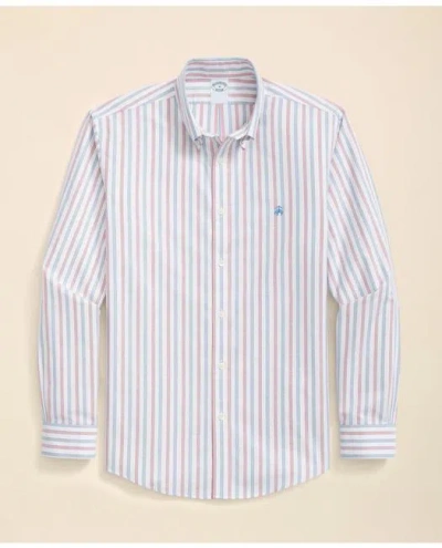 Brooks Brothers Stretch Cotton Non-iron Oxford Polo Button Down Collar, Outline Stripe Shirt In Red