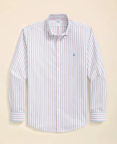 Brooks Brothers Stretch Cotton Non-iron Oxford Polo Button Down Collar, Outline Stripe Shirt In Red