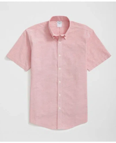 Brooks Brothers Stretch Cotton Non-iron Oxford Polo Button Down Collar, Short-sleeve Shirt In Light Red