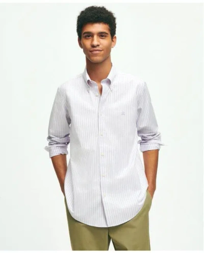 Brooks Brothers Stretch Cotton Non-iron Oxford Polo Button Down Collar, Striped Shirt In Lavender