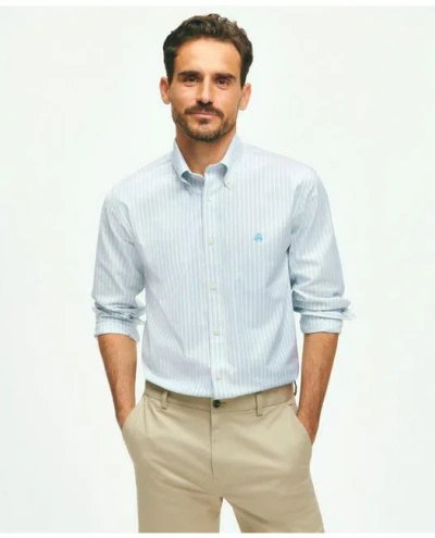 Brooks Brothers Stretch Cotton Non-iron Oxford Polo Button Down Collar, Striped Shirt In Marine Blue