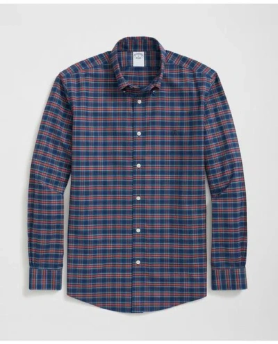 Brooks Brothers Stretch Cotton Non-iron Oxford Polo Button Down Collar, Tartan Shirt In Navy