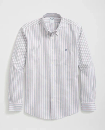 Brooks Brothers Stretch Cotton Non-iron Oxford Polo Button Down Collar, Triple Stripe Shirt In Blue