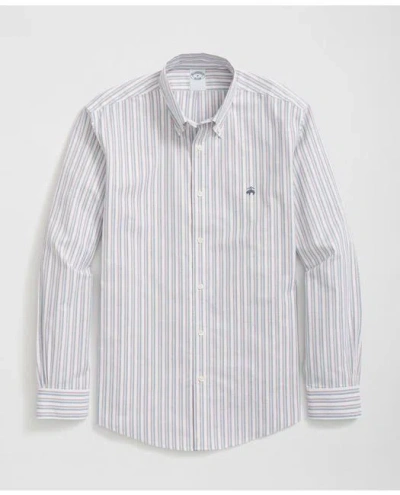 Brooks Brothers Stretch Cotton Non-iron Oxford Polo Button Down Collar, Triple Stripe Shirt In Blue