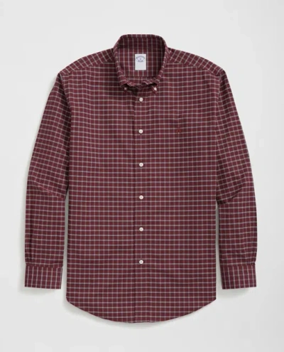 Brooks Brothers Stretch Cotton Non-iron Oxford Polo Button Down Collar, Windowpane Shirt In Dark Red