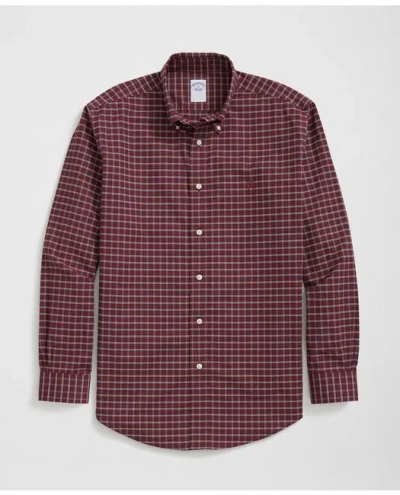 Brooks Brothers Stretch Cotton Non-iron Oxford Polo Button Down Collar, Windowpane Shirt In Dark Red