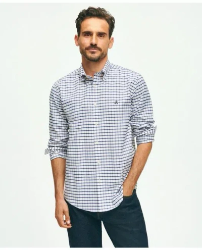 Brooks Brothers Stretch Cotton Non-iron Oxford Polo Button Down Collar, Windowpane Shirt In Navy
