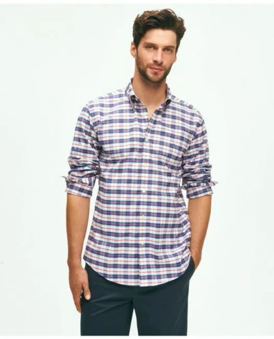 Brooks Brothers Stretch Non-iron Oxford Polo Button-down Collar, Checked Shirt In Navy