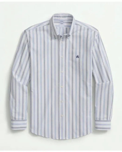 Brooks Brothers Stretch Non-iron Oxford Polo Button Down Collar, Double Striped Shirt In Blue