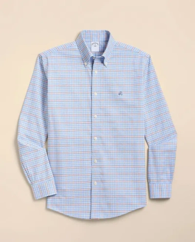 Brooks Brothers Stretch Non-iron Cotton-oxford Polo Button-down, Check Sport Shirt In Blue