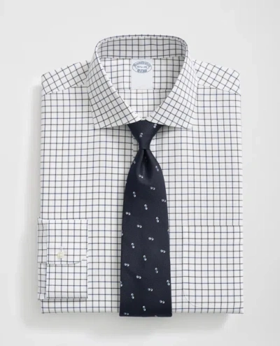 Brooks Brothers Stretch Supima Cotton Non-iron English Spread Collar, Alternating Windowpane Dress Shirt In Navy/brown