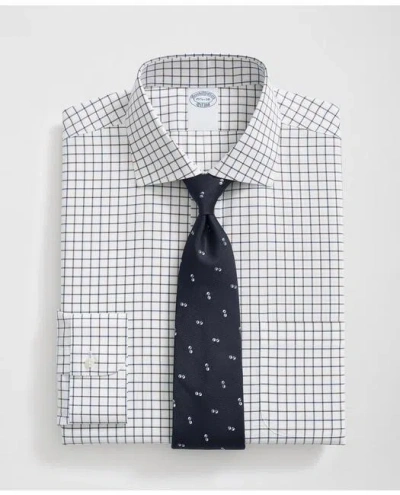 Brooks Brothers Stretch Supima Cotton Non-iron English Spread Collar, Alternating Windowpane Dress Shirt In Navy/brown