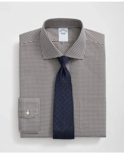 Brooks Brothers Stretch Supima Cotton Non-iron English Spread Collar, Gingham Dress Shirt In Brown
