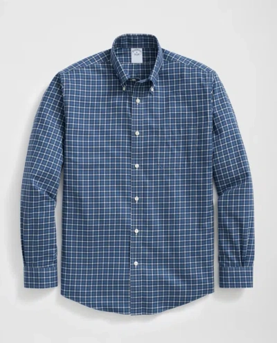 Brooks Brothers Stretch Supima Cotton Non-iron Oxford Polo Button Down Collar Windowpane Shirt In Dark Blue