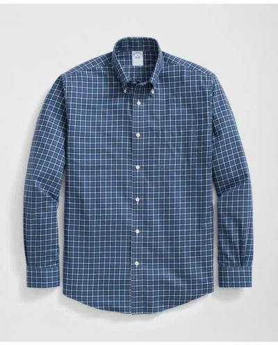 Brooks Brothers Stretch Supima Cotton Non-iron Oxford Polo Button Down Collar Windowpane Shirt In Dark Blue