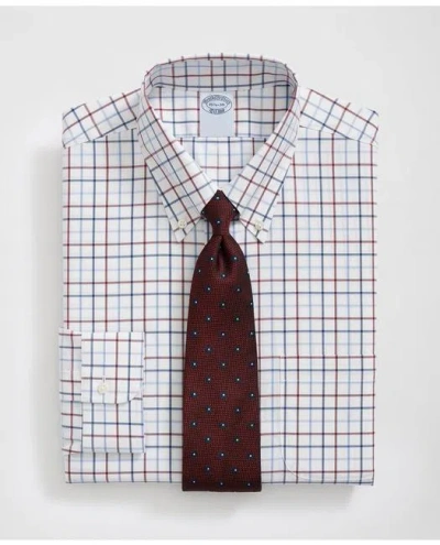 Brooks Brothers Stretch Supima Cotton Non-iron Pinpoint Oxford Polo Button Down Collar, Multi Windowpane Dress Shirt In Blue