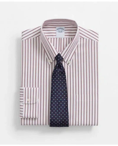 Brooks Brothers Stretch Supima Cotton Non-iron Pinpoint Oxford Polo Button Down Collar, Ticking Stripe Dress Shirt In Burgundy