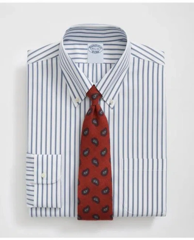 Brooks Brothers Stretch Supima Cotton Non-iron Pinpoint Oxford Polo Button Down Collar, Ticking Stripe Dress Shirt In Mazarine Blue